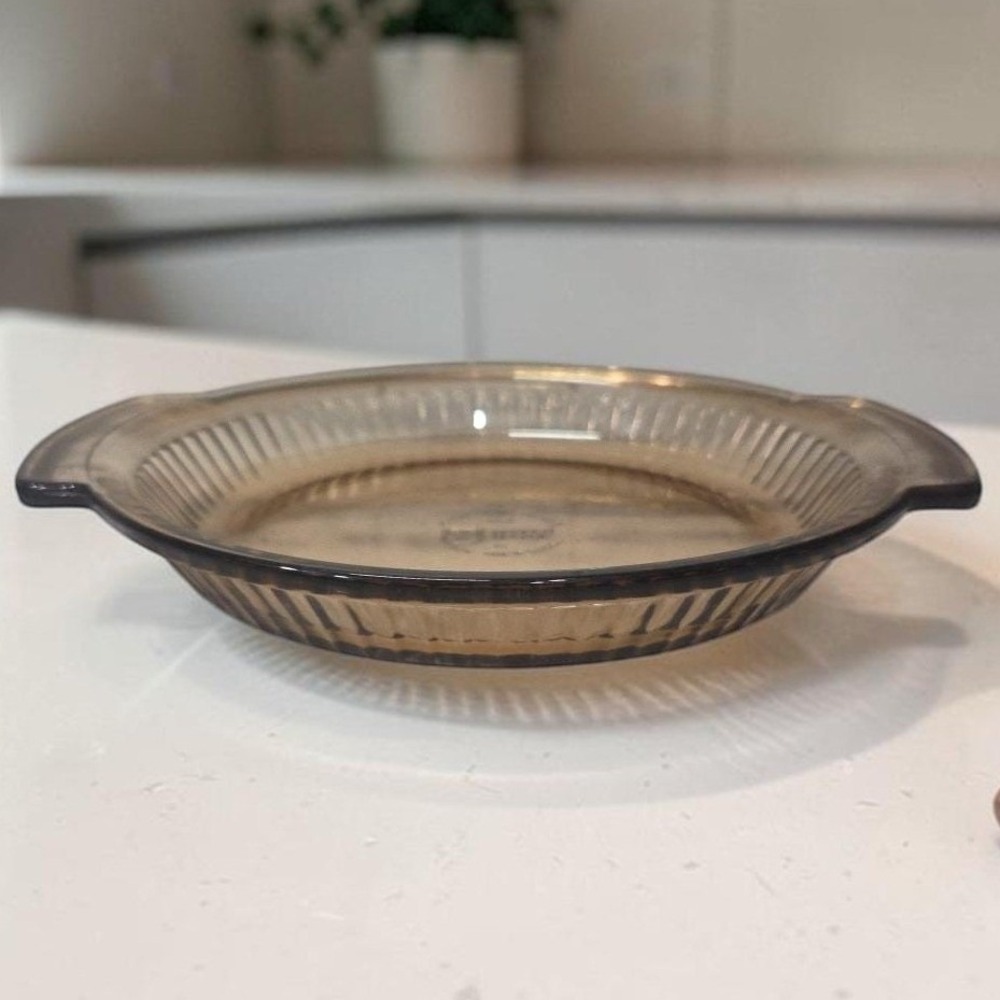 Anchor Hocking Fire King Amber Pie Plate, Vintage Ribbed Design Ovenware